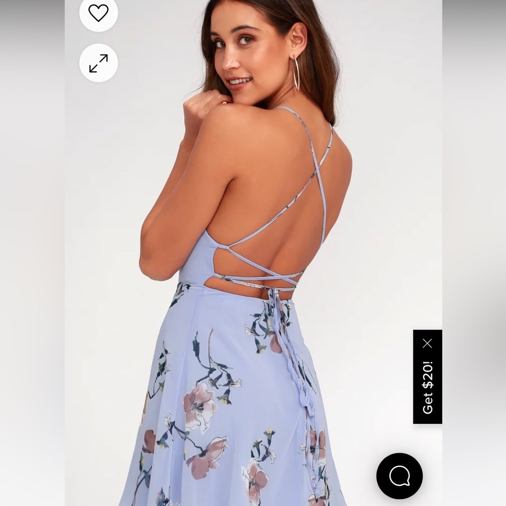 Lulu’s Cherished Moment Dusty Blue Floral Print Lace-Up Skater Dress | size sm - Picture 3 of 6